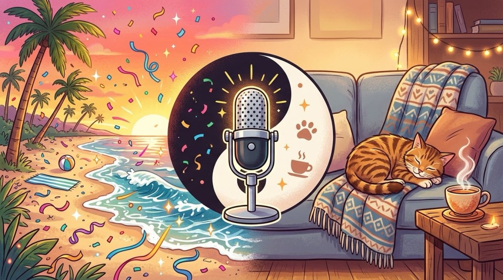 Gezeichnetes Bild: In der Mitte ein Podcast-Mikrofon vor einem Yin-Yang-Zeichen. Links ein Strand bei Sonnenuntergang mit Palmen und buntem Konfetti, rechts ein gemütliches Sofa mit Decke, einer schlafenden Katze und einer Tasse Tee.