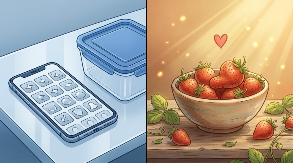 Gezeichnetes Bild in zwei Hälften: Links, kühl und blau, ein Handy mit vielen gleichen Filter-Symbolen und eine leere Plastikdose. Rechts, warm und sonnig, eine Schale mit Erdbeeren, eine davon krumm, darüber ein kleines Herz.